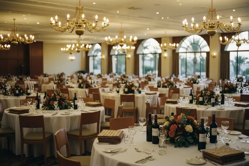 A hotel dining hall set for the holiday meal