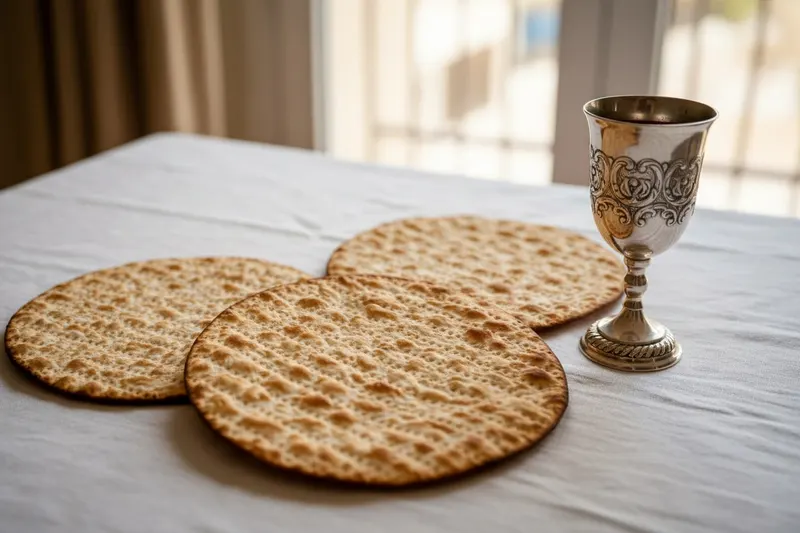 Round handmade shmura matzot and a silver kiddush cup