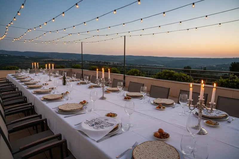 A Seder table set on a hotel terrace at dusk, Galilee hills behind