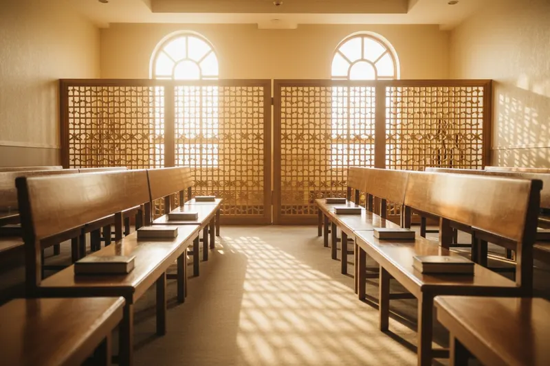 A hotel prayer room with wooden benches and a mechitza