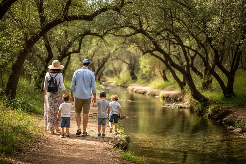 A family walking along a stream in the Upper Galilee